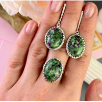 Серебряный комплект с яшмой, натуральный камень, зеленый камень 925 Проба