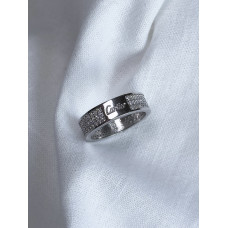 Срібна каблучка з фіанітами, родоване з гравіюванням , Cartier, 17 розмір, 925 Проба